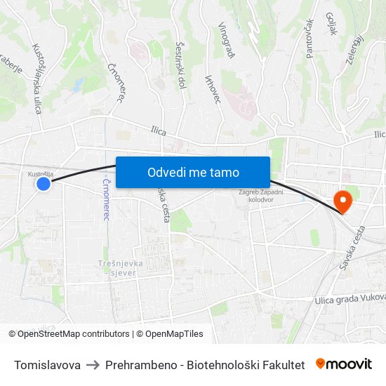 Tomislavova to Prehrambeno - Biotehnološki Fakultet map