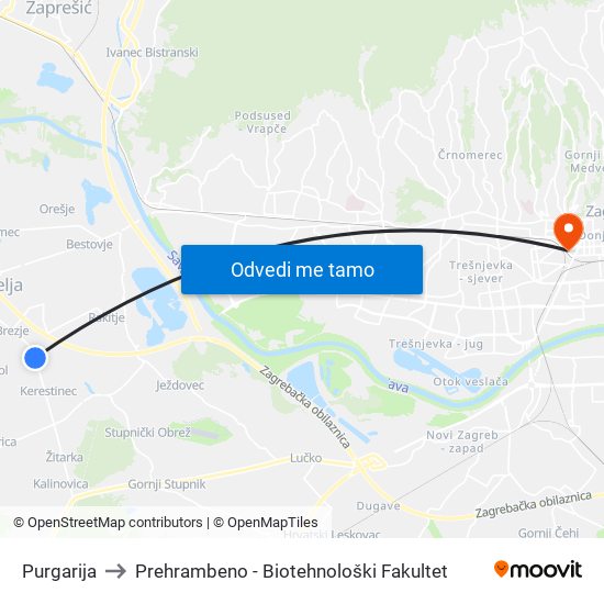 Purgarija to Prehrambeno - Biotehnološki Fakultet map