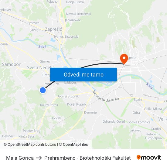 Mala Gorica to Prehrambeno - Biotehnološki Fakultet map