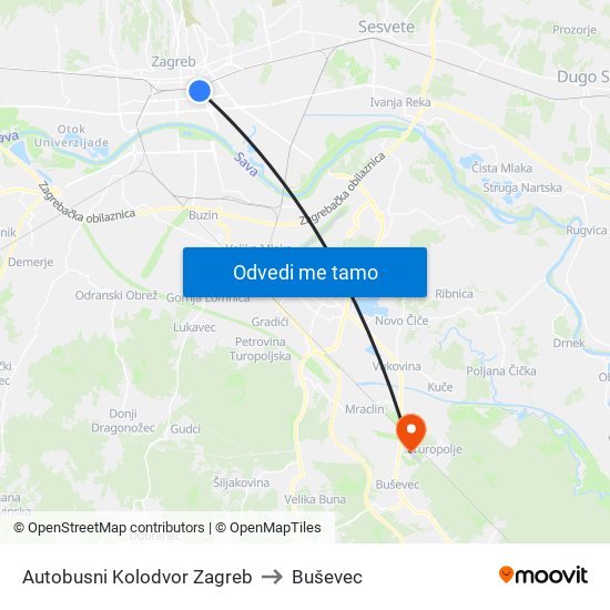 Autobusni Kolodvor Zagreb to Buševec map