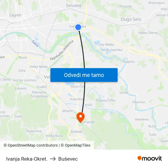 Ivanja Reka-Okret. to Buševec map