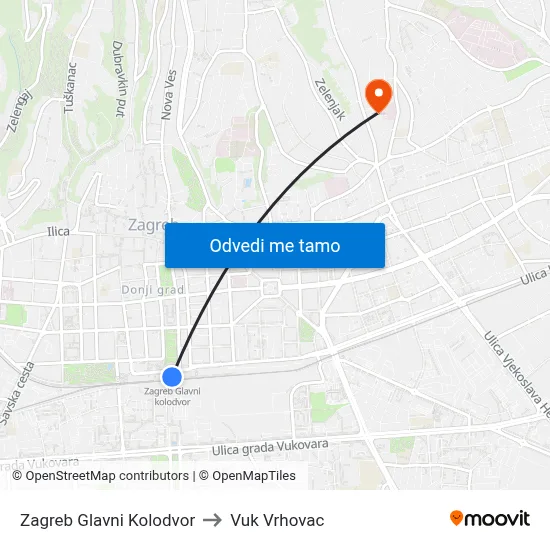 Zagreb Glavni Kolodvor to Vuk Vrhovac map