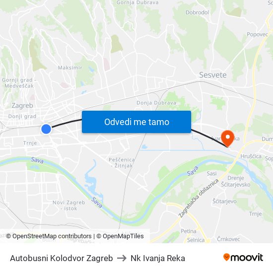 Autobusni Kolodvor Zagreb to Nk Ivanja Reka map