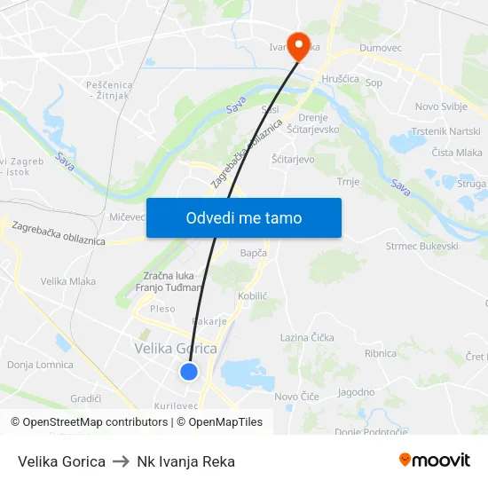 Velika Gorica to Nk Ivanja Reka map