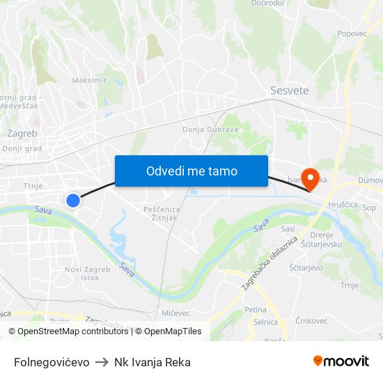 Folnegovićevo to Nk Ivanja Reka map