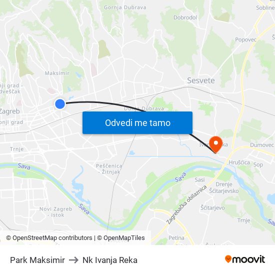 Park Maksimir to Nk Ivanja Reka map
