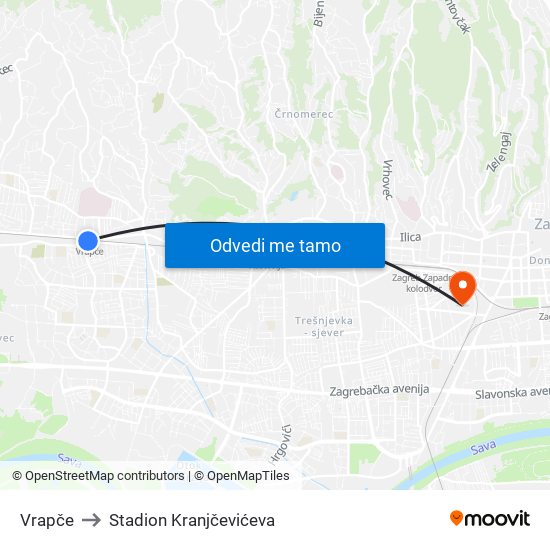 Vrapče to Stadion Kranjčevićeva map