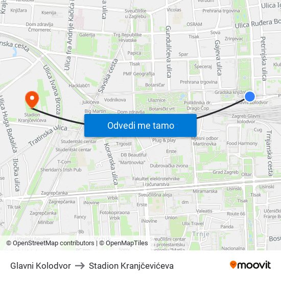 Glavni Kolodvor to Stadion Kranjčevićeva map