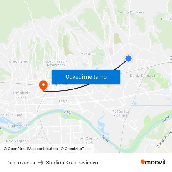 Dankovečka to Stadion Kranjčevićeva map