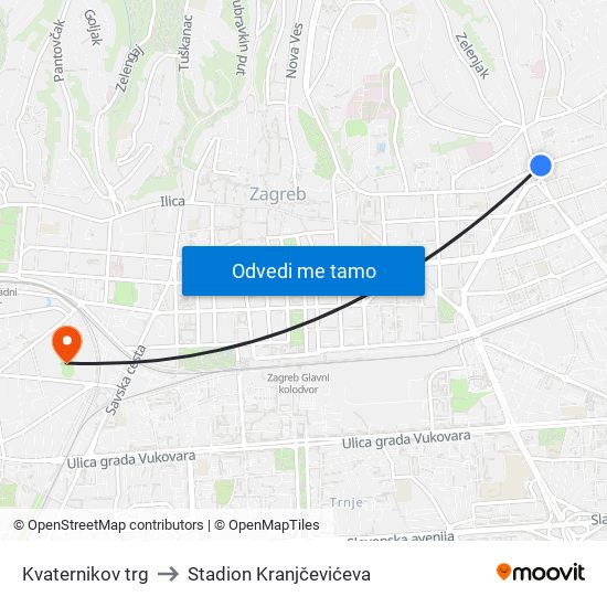 Kvaternikov trg to Stadion Kranjčevićeva map