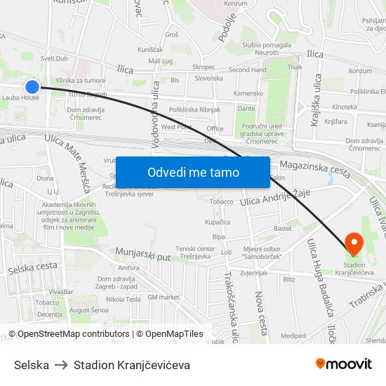 Selska to Stadion Kranjčevićeva map