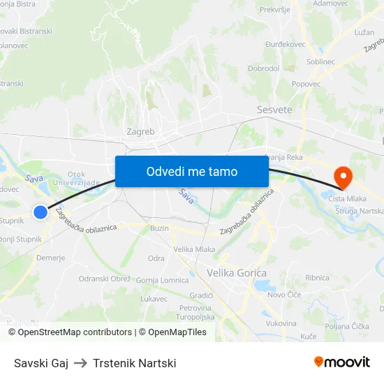 Savski Gaj to Trstenik Nartski map
