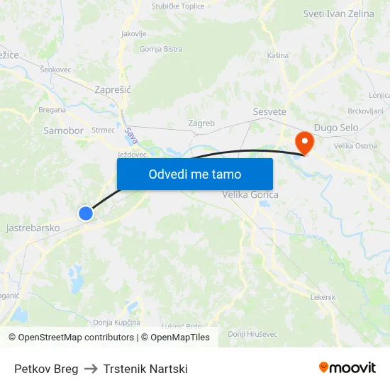 Petkov Breg to Trstenik Nartski map