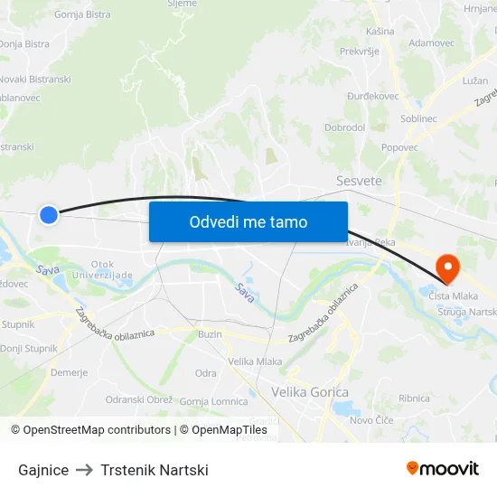 Gajnice to Trstenik Nartski map