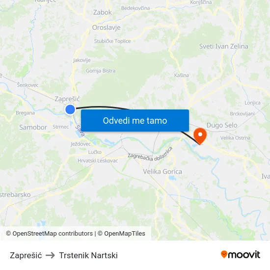 Zaprešić to Trstenik Nartski map
