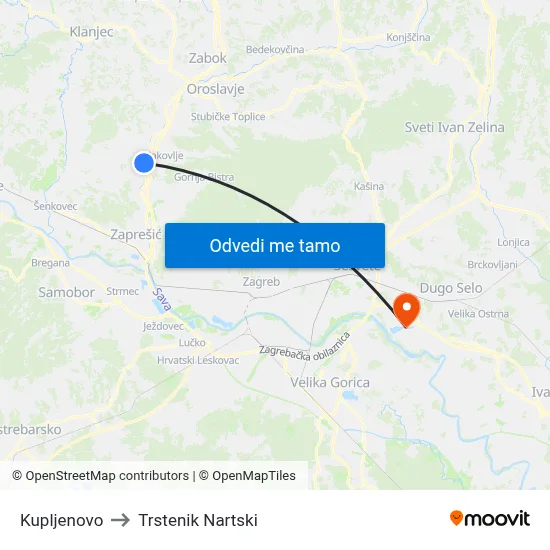 Kupljenovo to Trstenik Nartski map