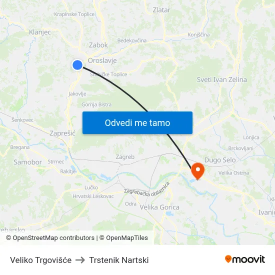 Veliko Trgovišće to Trstenik Nartski map
