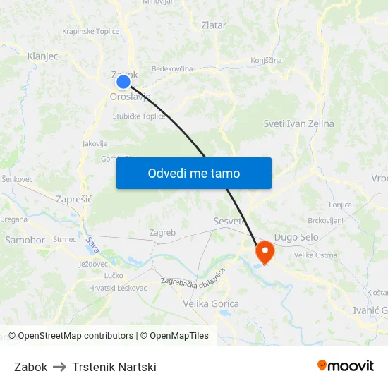 Zabok to Trstenik Nartski map