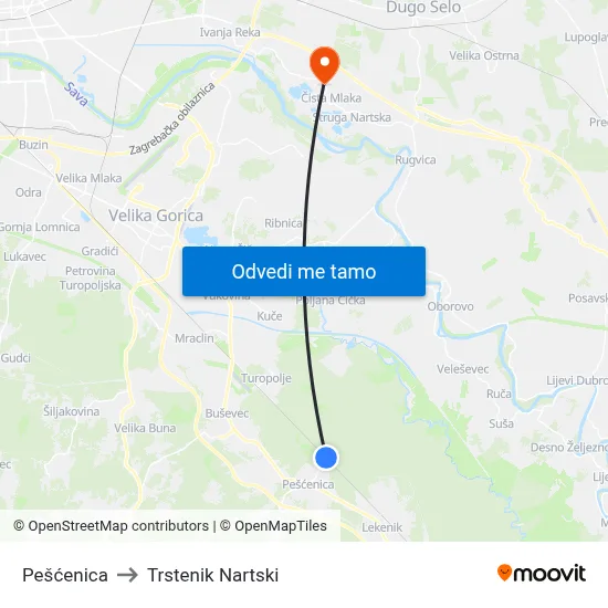 Pešćenica to Trstenik Nartski map