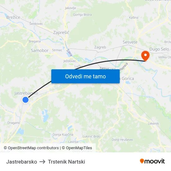Jastrebarsko to Trstenik Nartski map