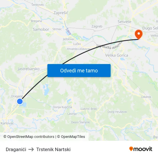 Draganići to Trstenik Nartski map
