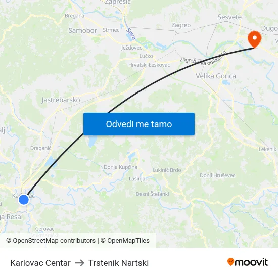 Karlovac Centar to Trstenik Nartski map