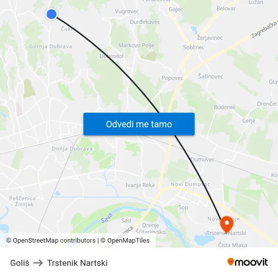 Goliš to Trstenik Nartski map