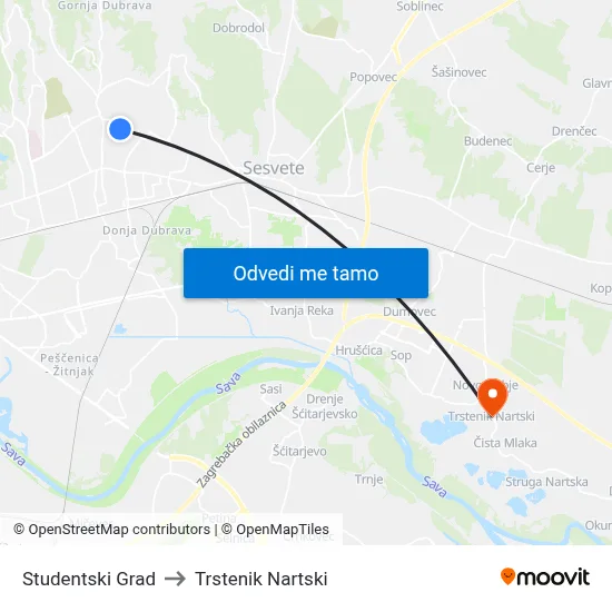 Studentski Grad to Trstenik Nartski map