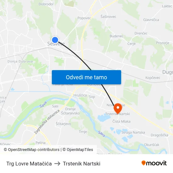 Trg Lovre Matačića to Trstenik Nartski map