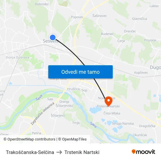 Trakoščanska-Selčina to Trstenik Nartski map