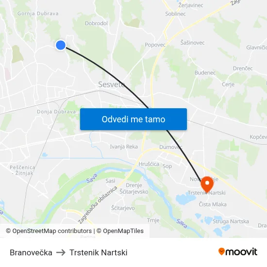 Branovečka to Trstenik Nartski map