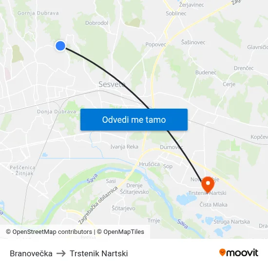 Branovečka to Trstenik Nartski map