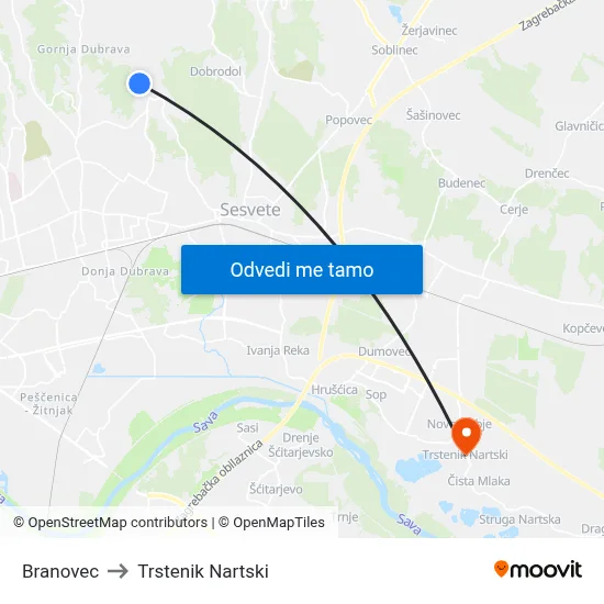 Branovec to Trstenik Nartski map