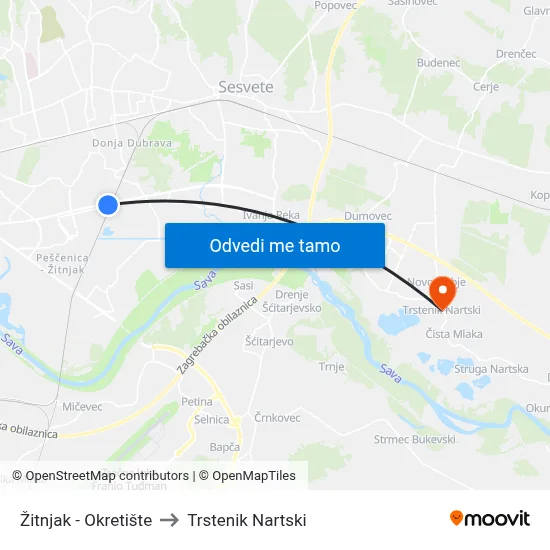 Žitnjak - Okretište to Trstenik Nartski map