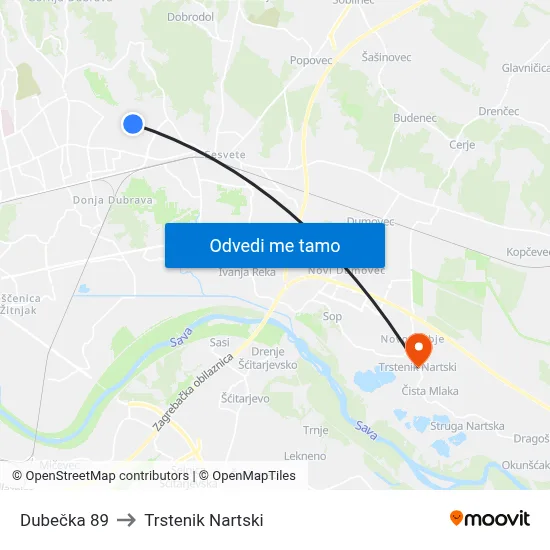Dubečka 89 to Trstenik Nartski map