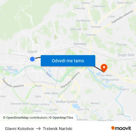 Glavni Kolodvor to Trstenik Nartski map