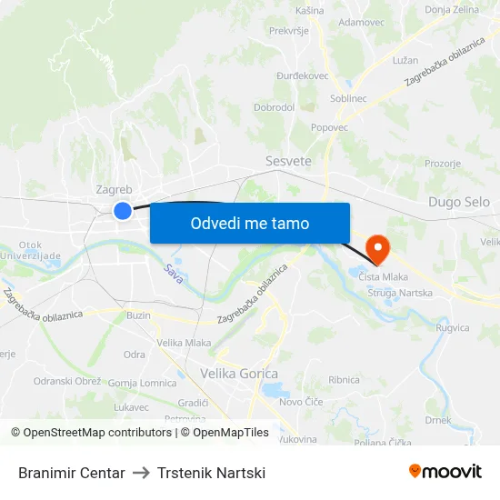 Branimir Centar to Trstenik Nartski map