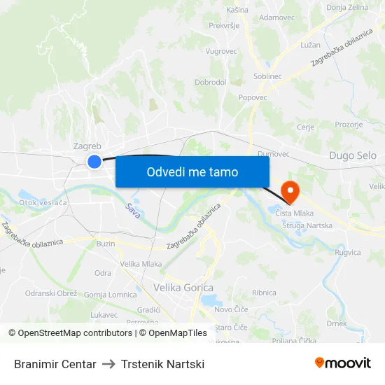 Branimir Centar to Trstenik Nartski map