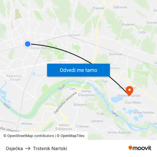 Osječka to Trstenik Nartski map