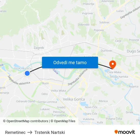 Remetinec to Trstenik Nartski map