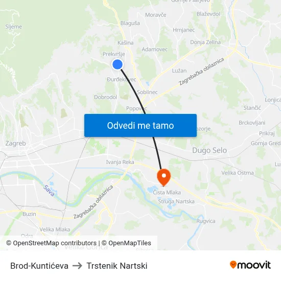 Brod-Kuntićeva to Trstenik Nartski map