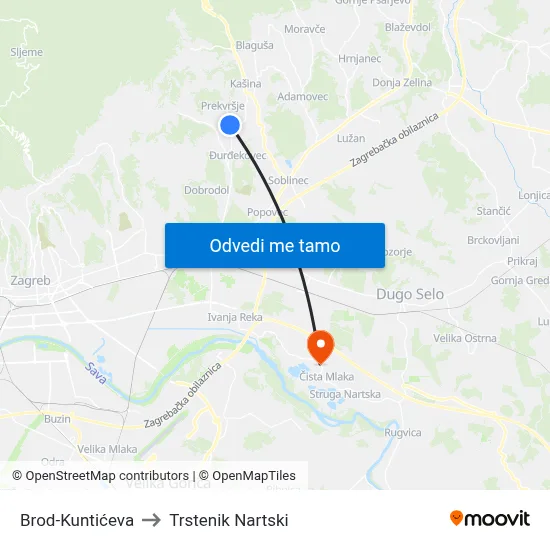 Brod-Kuntićeva to Trstenik Nartski map