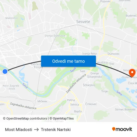 Most Mladosti to Trstenik Nartski map