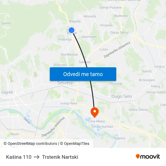 Kašina 110 to Trstenik Nartski map