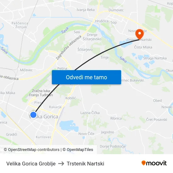 Velika Gorica Groblje to Trstenik Nartski map