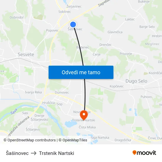 Šašinovec to Trstenik Nartski map