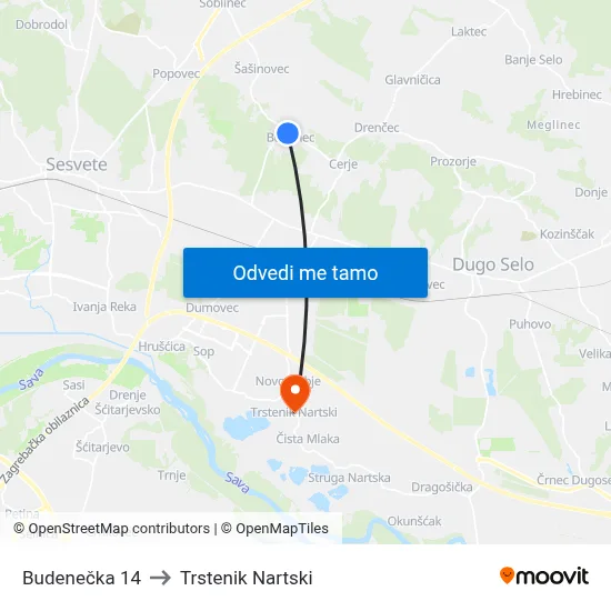 Budenečka 14 to Trstenik Nartski map