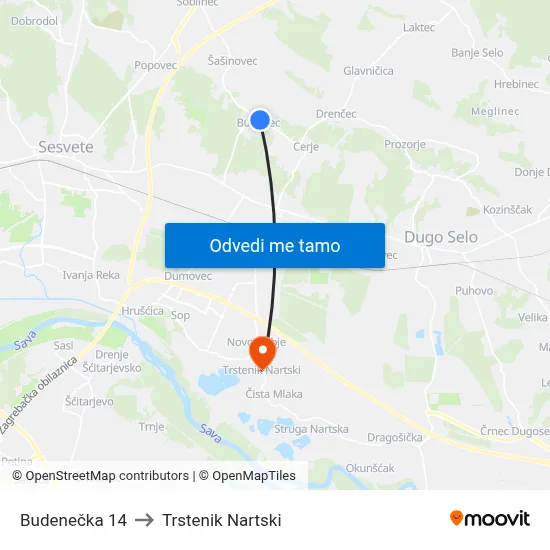 Budenečka 14 to Trstenik Nartski map