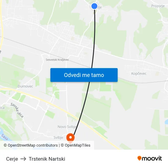 Cerje to Trstenik Nartski map
