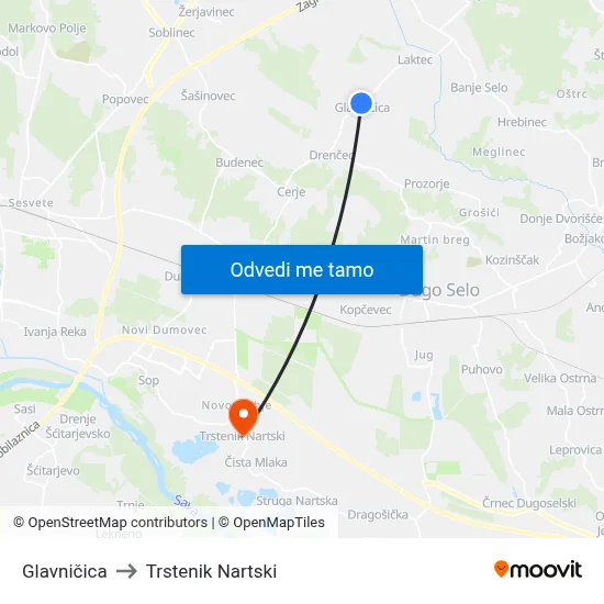 Glavničica to Trstenik Nartski map